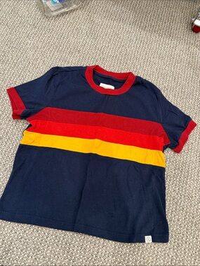 Marine Layer Women’s Retro Cropped Navy T‑Shirt with Red & Yellow Stripes